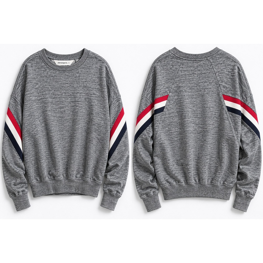 Elevenparis Marin Sweatshirt Mens S Gray Retro Striped Sleeve Crew Neck Cotton